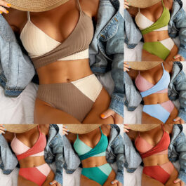 Bikini Patchwork Swimwear Ribbed Women’s Swimsuit Knot Back Beachwear Ruched Butt Biquinis Bathing Suits